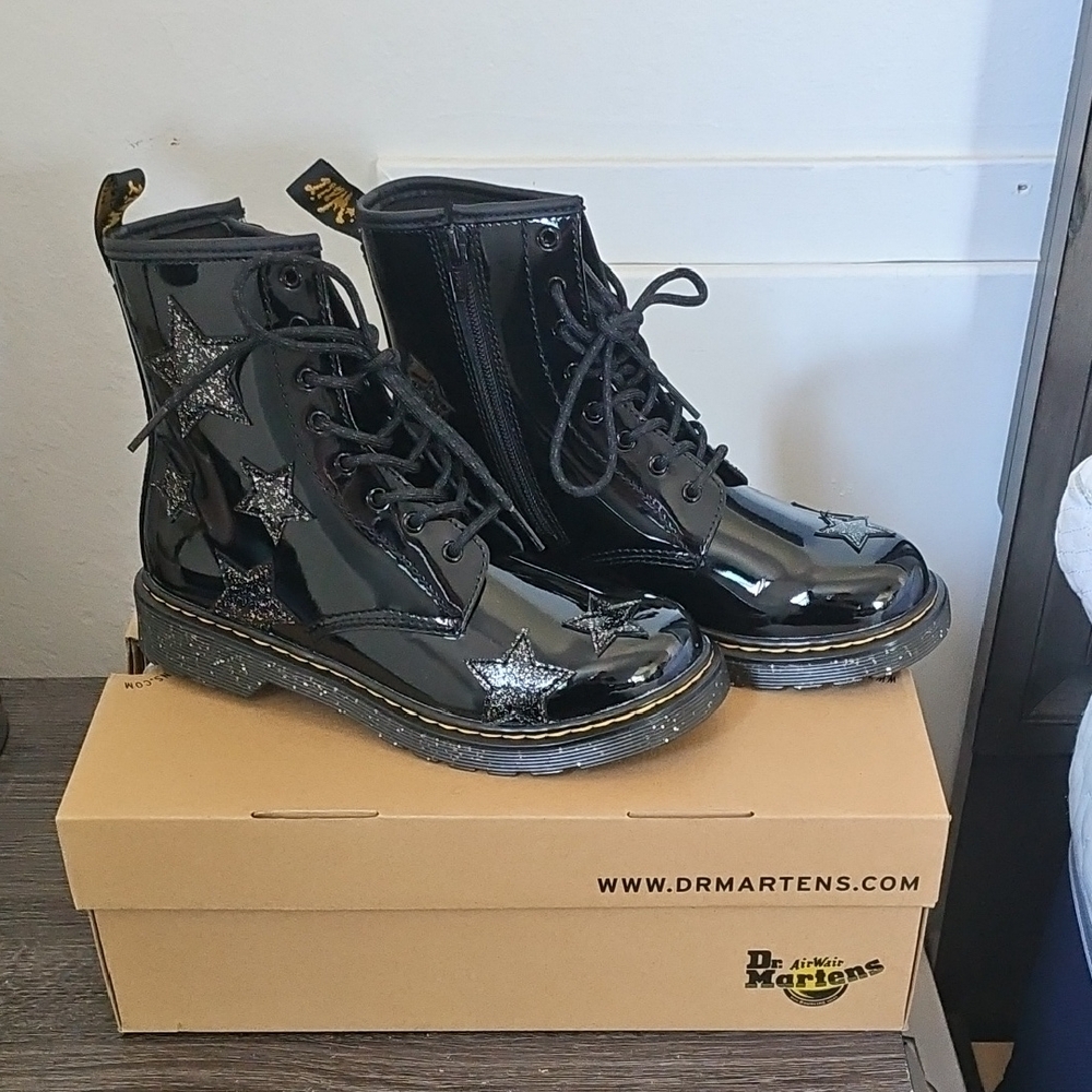 Dr. Martens Glossy Black Boots with Glitter Stars